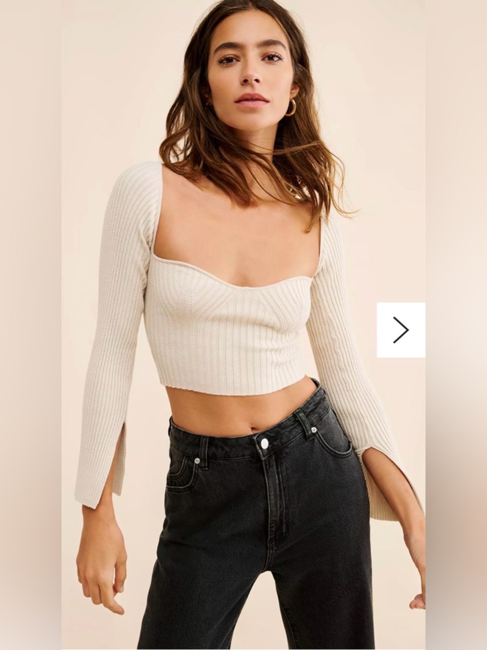 Urban Outfitters Cream Ribbed Square-Neck Cropped Top